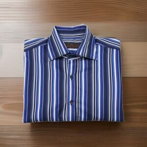 Etro Milano Shirt Mens 41 Blue Stripe Preppy Designer Italian